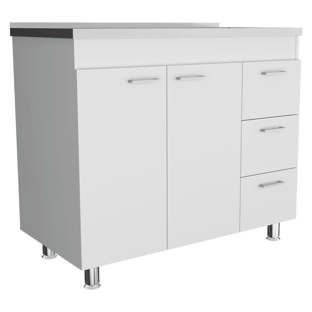 GABINETE INFERIOR STELLA, BLANCO PERLA, CON DOS PUERTAS BATIENTES Y TRES CAJONES DESLIZABLES, CON MESÓN IZQUIERDO
