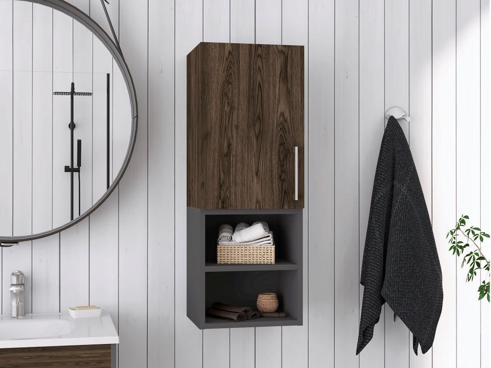 GABINETE DE BAÑO OPORTO, CHOCOLATE Y PLATA OSCURO, CON ESPACIO PARA GUARDAR OBJETOS DE ASEO PERSONAL