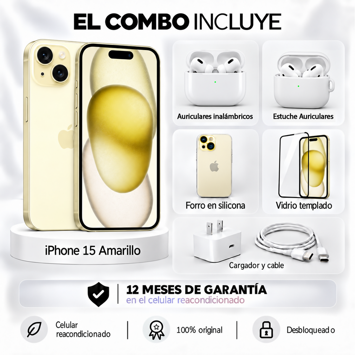 Celular Reacondicionado iPhone 15 128Gb Apple + Auriculares inalámbricos + Estuche + Forro space + Vidrio Templado + Cargador y Cable