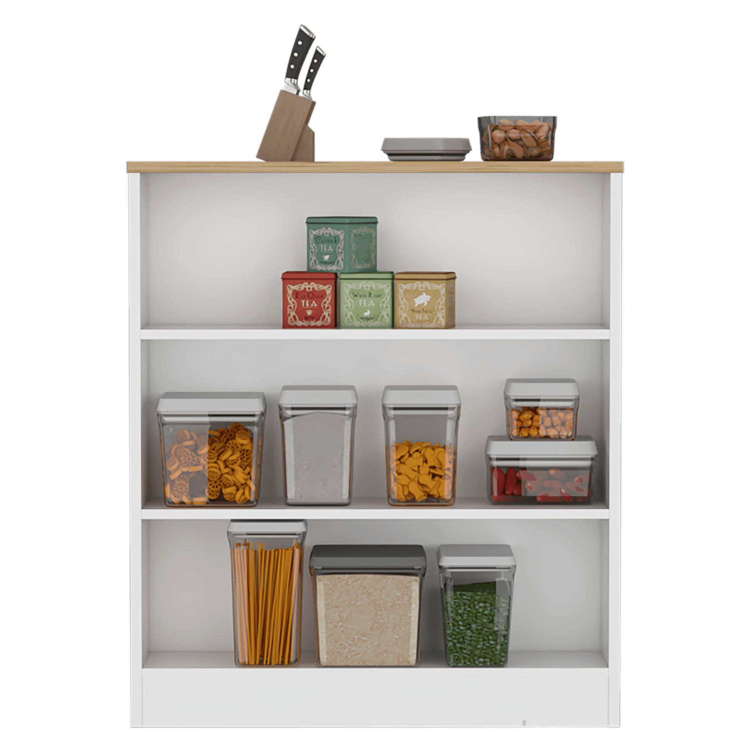 BARRA DE COCINA MAYER, BLANCO Y MACADAMIA, CON TRES ENTREPAÑOS PARA UBICAR VASOS Y FRASCOS