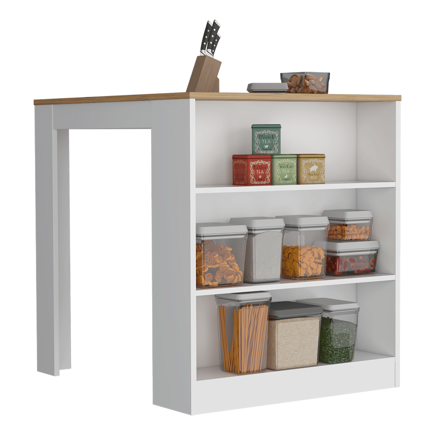 BARRA DE COCINA MAYER, BLANCO Y MACADAMIA, CON TRES ENTREPAÑOS PARA UBICAR VASOS Y FRASCOS