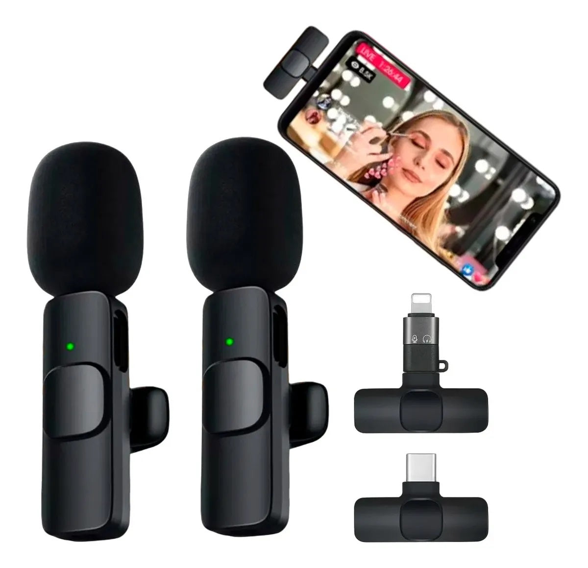 MICRÓFONOS INALÁMBRICOS SOLAPA 2 EN 1 PARA IPHONE/TIPO C COLOR NEGRO