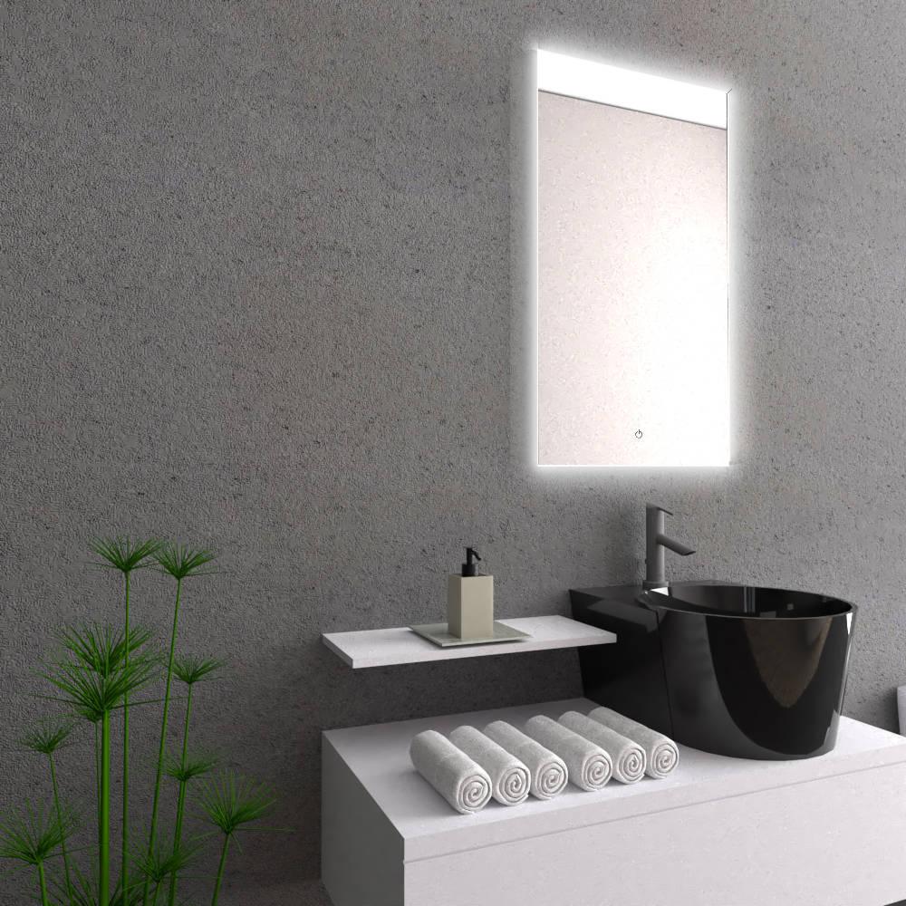 ESPEJO RECTANGULAR GARDA, GRIS, CON LUZ LED Y  BOTÓN TOUCH