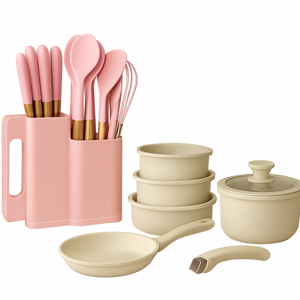 BATERÍA OLLAS MÁRMOL MANGO DESMONTABLE 11PCS REGALO SET UTENSILIOS HUESO
