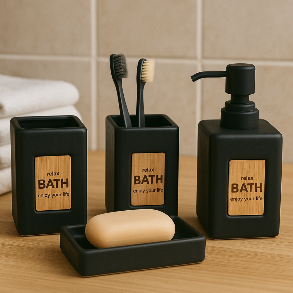 SET BAÑO JABONERA VASOS PORTA CEPILLO COMPLETO DISPENSADOR