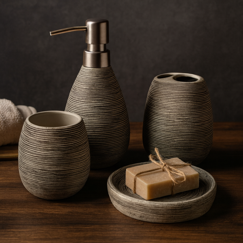 SET BAÑO JABONERA VASOS PORTA CEPILLO COMPLETO DISPENSADOR