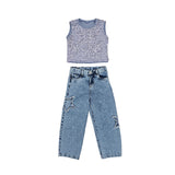 33020 CONJUNTO ESTRELLA NIÑA JUNIOR - PANTALÓN DENIM ESTRELLAS Y BLUSA LENTEJUELAS