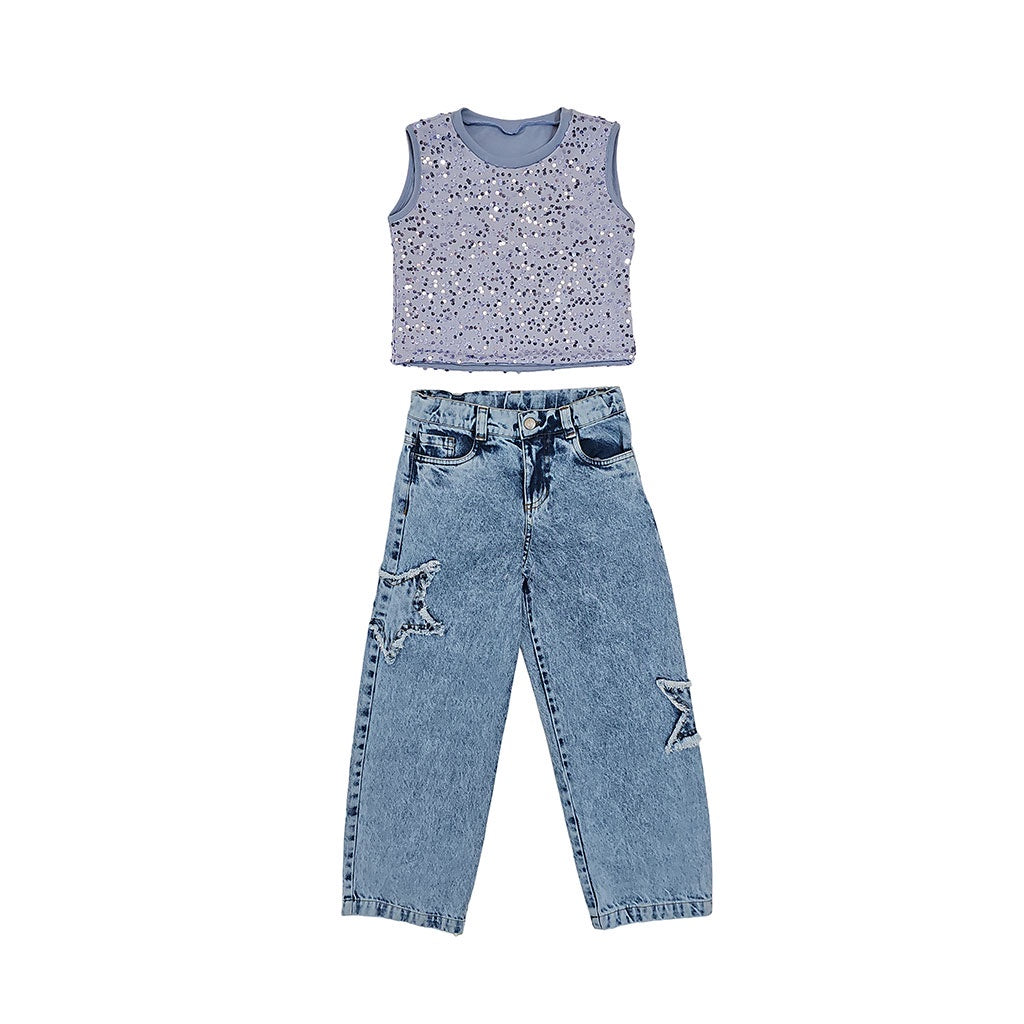 33020 CONJUNTO ESTRELLA NIÑA JUNIOR - PANTALÓN DENIM ESTRELLAS Y BLUSA LENTEJUELAS