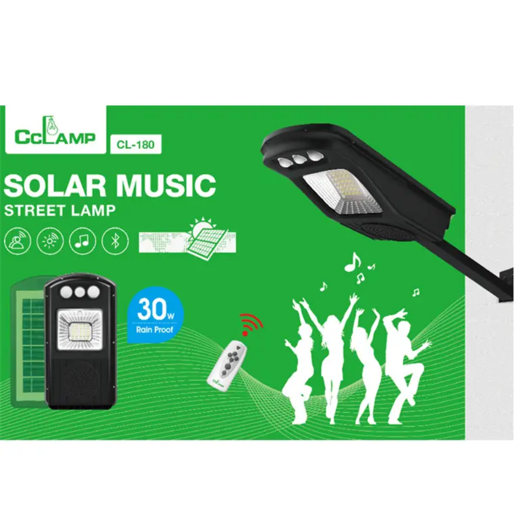 REFLECTOR CON PANEL SOLAR DE 30W RECARGABLE BLUETOOTH MÚSICA CL-180