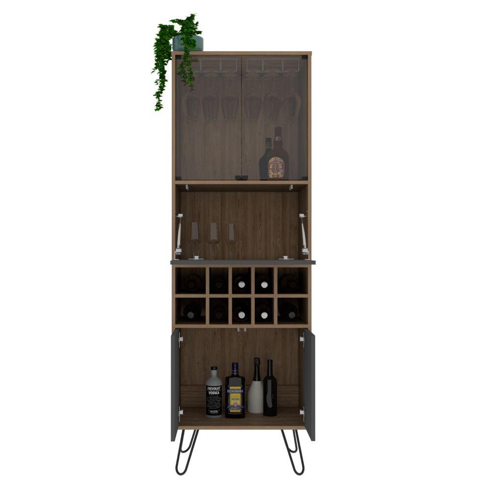 BAR ALTO LARA, MIEL Y PLATA OSCURO, CON AMPLIO ESPACIO PORTA COPAS Y PATAS DE ACERO