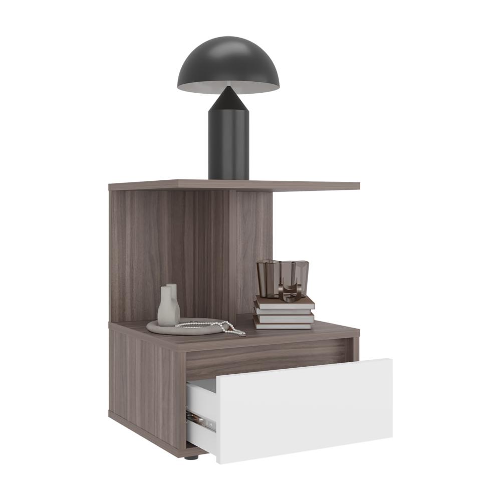 MESA DE NOCHE MIKE, AVELLANA Y BLANCO DUQUEZA, CON UN CAJON MULTIUSOS