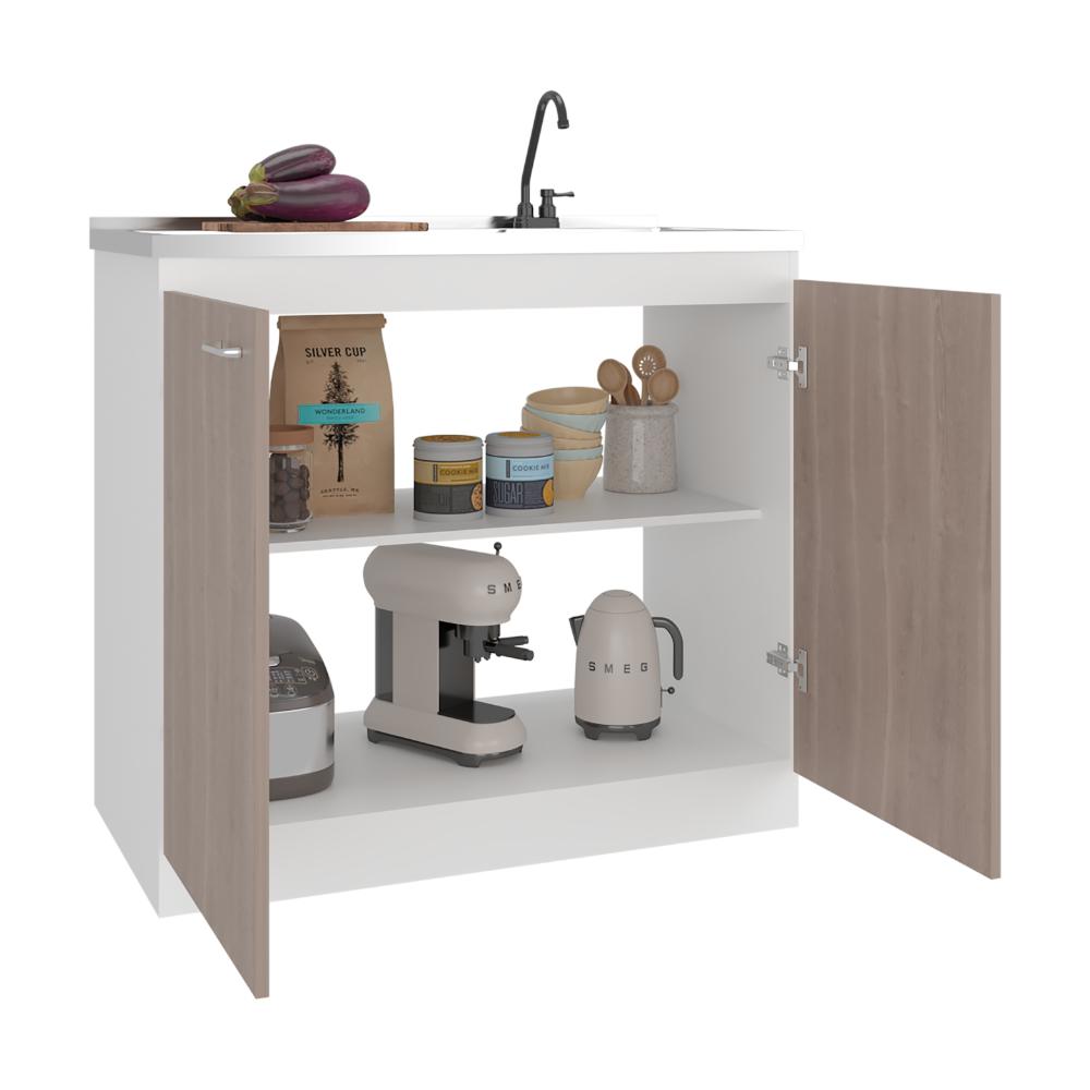 GABINETE INFERIOR CANTABRIA, KRONOS BLANCO Y BARDOLINO, CON DOS PUERTAS ABATIBLES- MESÓN DERECHO Y GRIFERÍA ZF