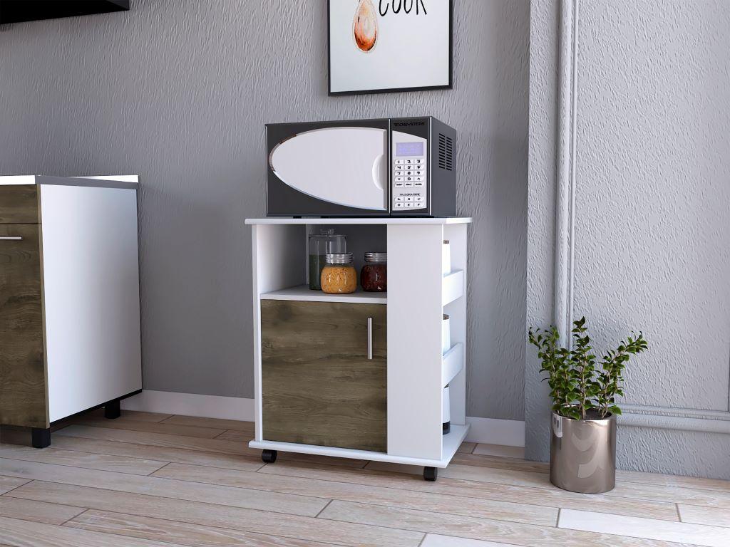 MÓDULO MICROONDAS TAHARA, NOGAL Y BLANCO, CON RODACHINAS PLÁSTICAS Y AMPLIO ESPACIO PARA ALMACENAR UTENSILIOS