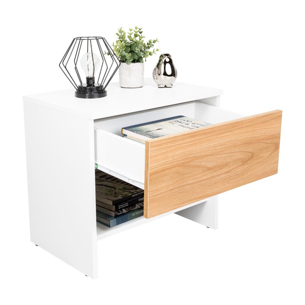 MESA DE NOCHE LIGHT, FRESNO EUROPEO Y BLANCO, CON SUPERFICIE PARA OBJETOS DECORATIVOS