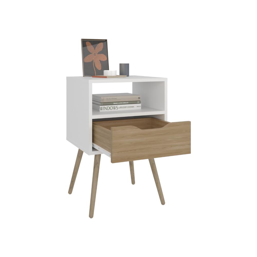 MESA DE NOCHE ALESIO, BLANCO DUQUEZA Y FRESNO EUROPEO, CON PATAS EN MADERA Y UN CAJÓN