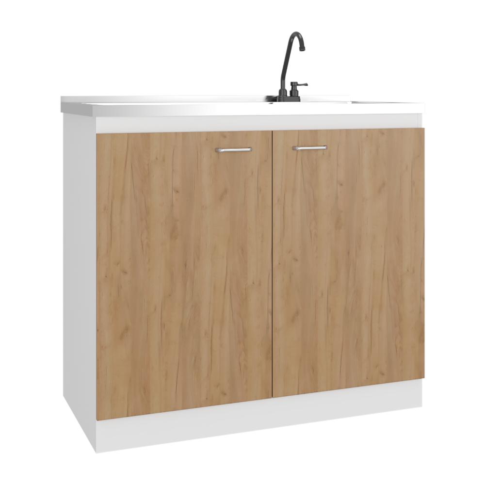 GABINETE INFERIOR CANTABRIA, KRONOS BLANCO Y FRESNO EUROPEO, CON DOS PUERTAS ABATIBLES- MESÓN DERECHO Y GRIFERÍA ZF