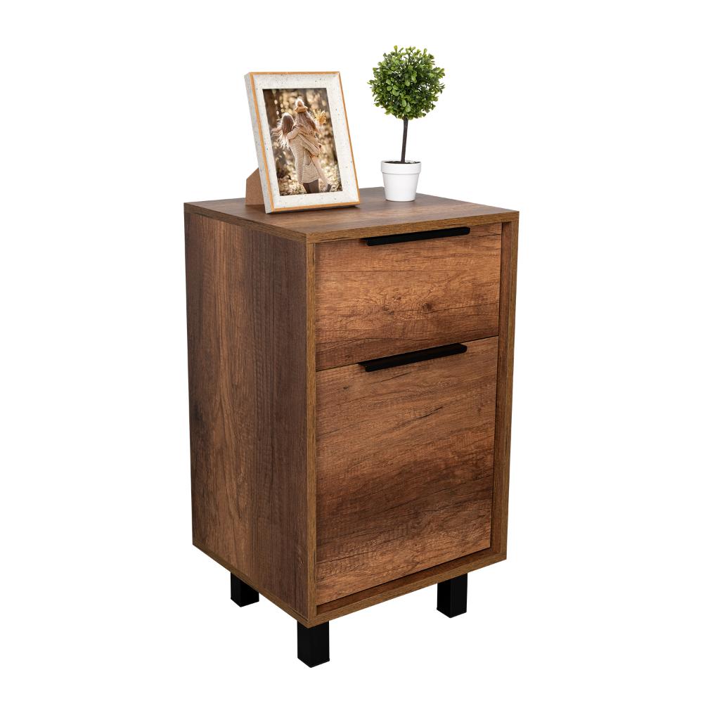 MESA DE NOCHE WESLEY, COBRE Y WENGUE, CON UNA PUERTA Y UN CAJÓN ORGANIZADOR