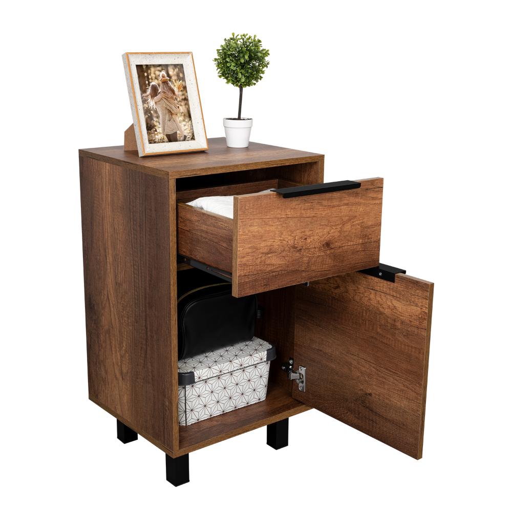 MESA DE NOCHE WESLEY, COBRE Y WENGUE, CON UNA PUERTA Y UN CAJÓN ORGANIZADOR