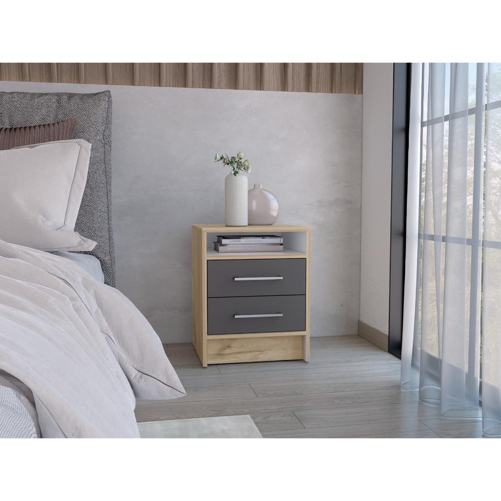 MESA DE NOCHE DOUGLAS, BEIGE Y PLATA OSCURO, CON UN ENTREPAÑO SUPERIOR Y DOS CAJONES ORGANIZADORES