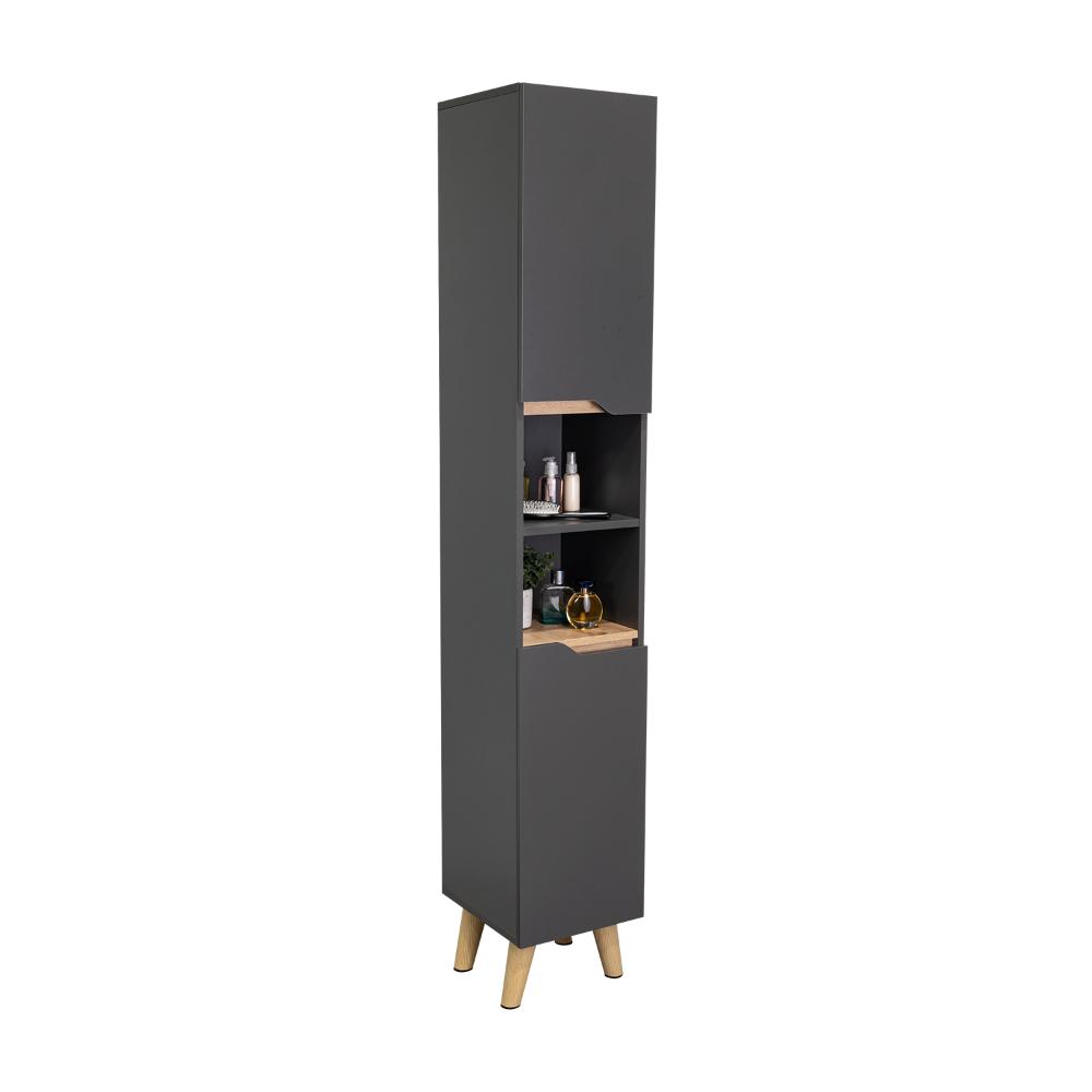 ESTANTERIA DE BAÑO VICENT ALTO, PLATA OSCURO Y CAFÉ CLARO, CON DOS PUERTAS ABATIBLES Y ENTREPAÑOS