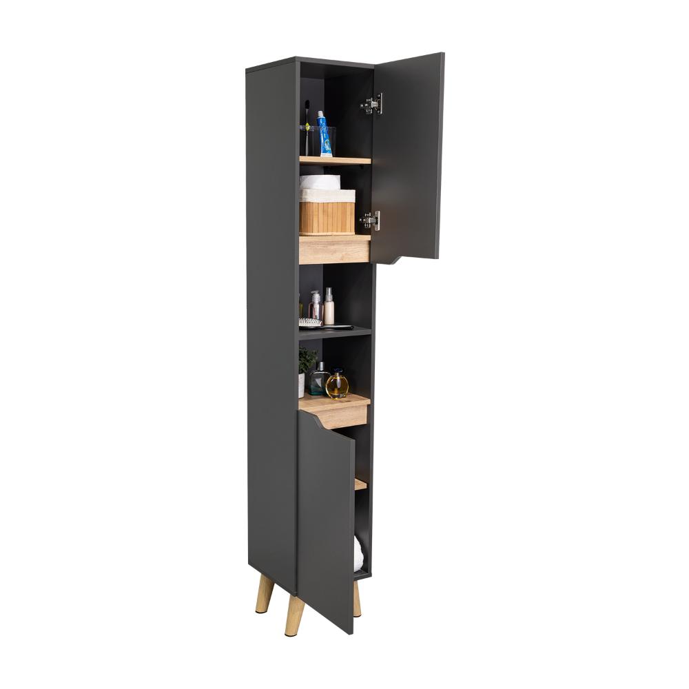 ESTANTERIA DE BAÑO VICENT ALTO, PLATA OSCURO Y CAFÉ CLARO, CON DOS PUERTAS ABATIBLES Y ENTREPAÑOS