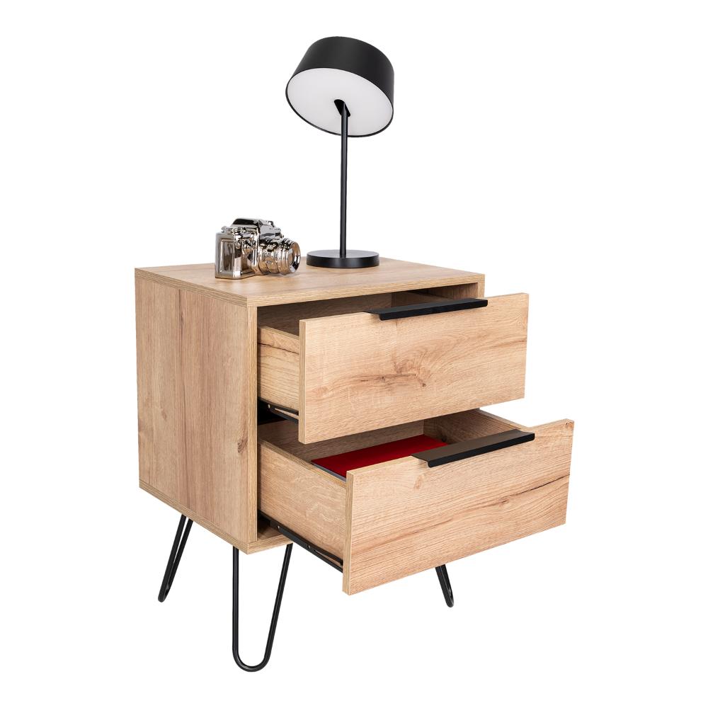 MESA DE NOCHE CONCEPT, CAFÉ CLARO Y WENGUE, CON DOS CAJONES ORGANIZADORES Y PATAS METÁLICAS