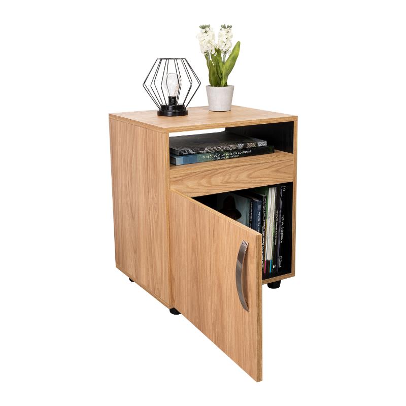 MESA DE NOCHE BARIN, FRESNO EUROPEO Y WENGUE, CON UNA PUERTA ABATIBLE
