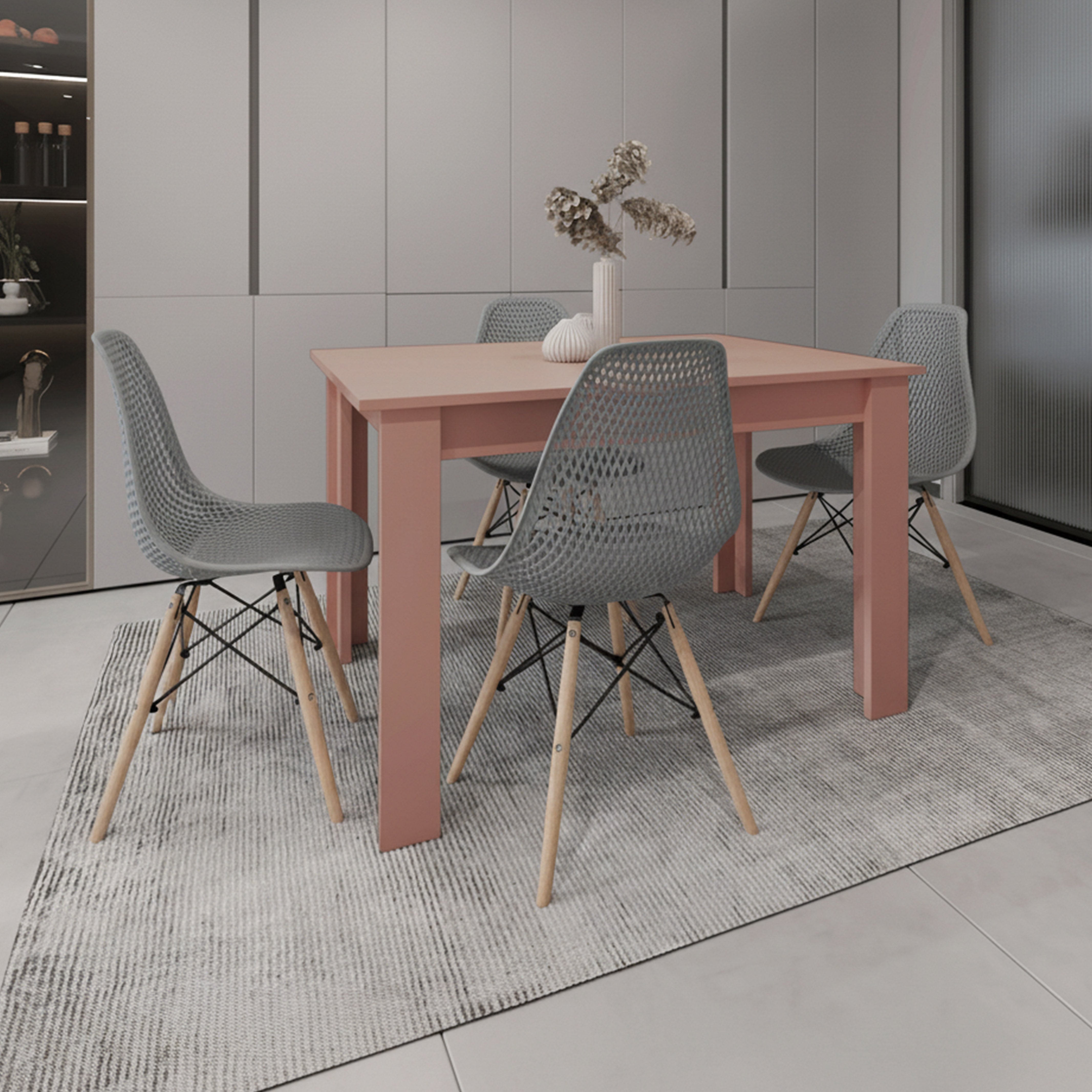 COMBO ZENDA, INCLUYE COMEDOR Y 4 SILLAS CON ESPALDAR EN COLOR GRIS