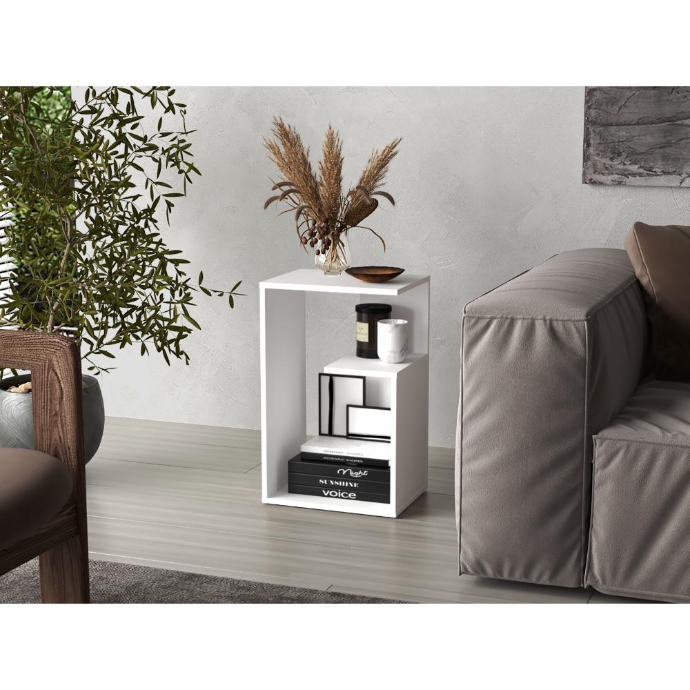 MESA AUXILIAR EVERT, BLANCO, CON DISEÑO MODERNO Y ESPACIO PARA UBICAR OBJETOS