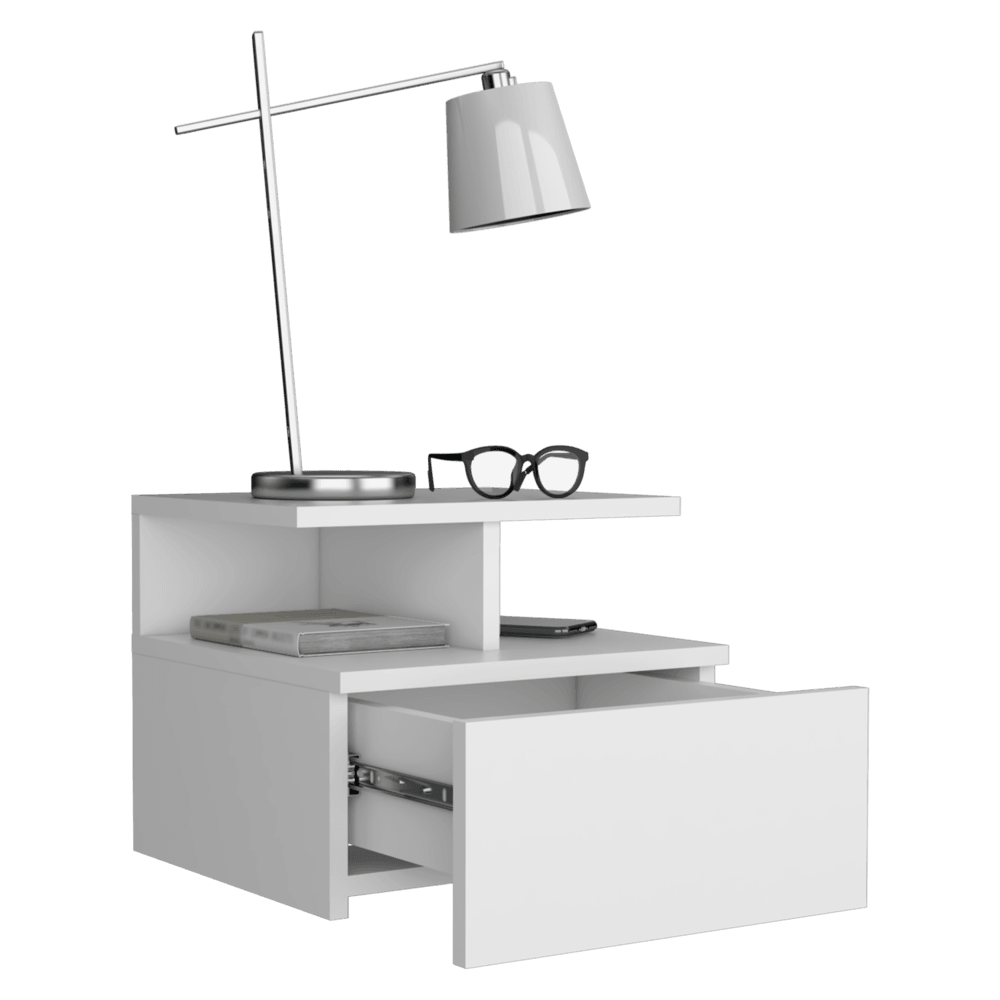 MESA DE NOCHE FLOTANTE NUBE, BLANCO, CON UN CAJÓN Y DIVISIÓN DE DOS ENTREPAÑOS