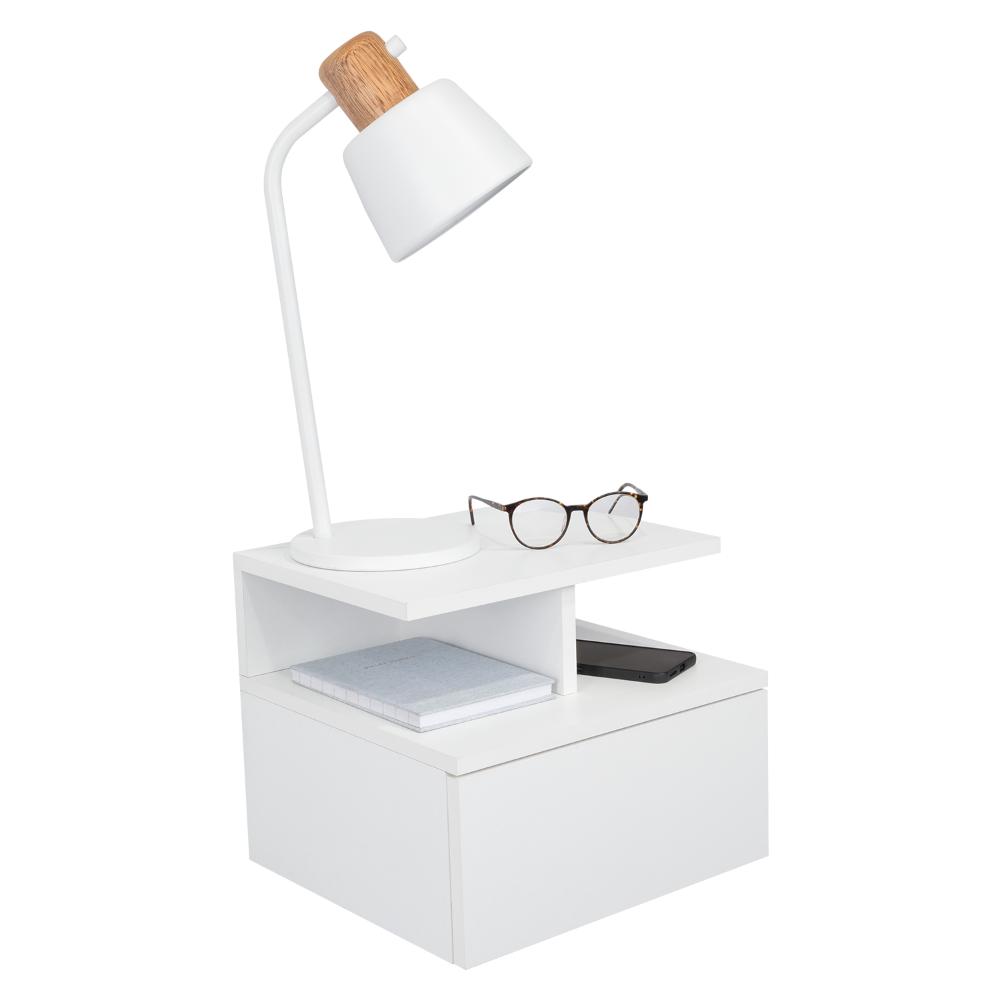 MESA DE NOCHE FLOTANTE NUBE, BLANCO, CON UN CAJÓN Y DIVISIÓN DE DOS ENTREPAÑOS