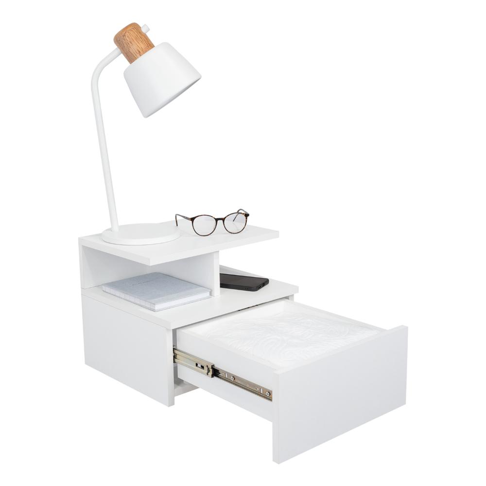 MESA DE NOCHE FLOTANTE NUBE, BLANCO, CON UN CAJÓN Y DIVISIÓN DE DOS ENTREPAÑOS