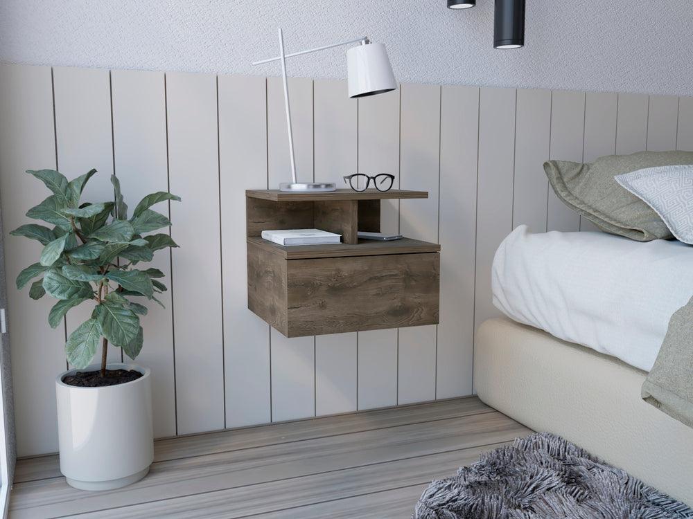 MESA DE NOCHE FLOTANTE NUBE, NOGAL, CON UN CAJÓN Y DIVISIÓN DE DOS ENTREPAÑOS