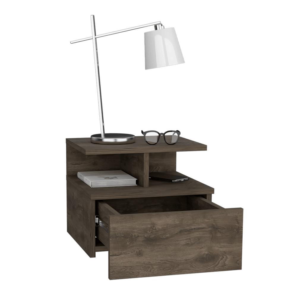 MESA DE NOCHE FLOTANTE NUBE, NOGAL, CON UN CAJÓN Y DIVISIÓN DE DOS ENTREPAÑOS