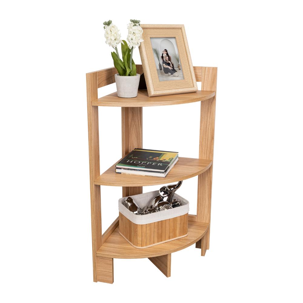 MESA AUXILIAR ESQUINERA ATHOS, FRESNO EUROPEO, CON TRES ENTREPAÑOS PARA DECORAR