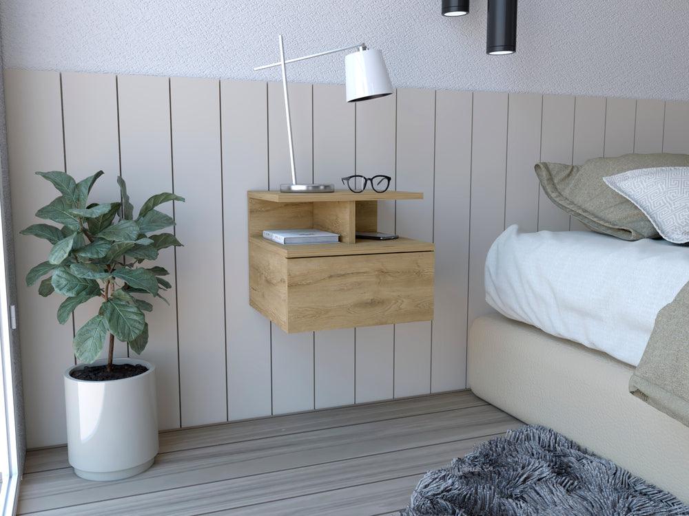 MESA DE NOCHE FLOTANTE NUBE, MACADAMIA, CON UN CAJÓN Y DIVISIÓN DE DOS ENTREPAÑOS