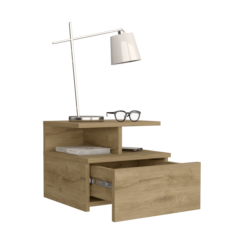 MESA DE NOCHE FLOTANTE NUBE, MACADAMIA, CON UN CAJÓN Y DIVISIÓN DE DOS ENTREPAÑOS