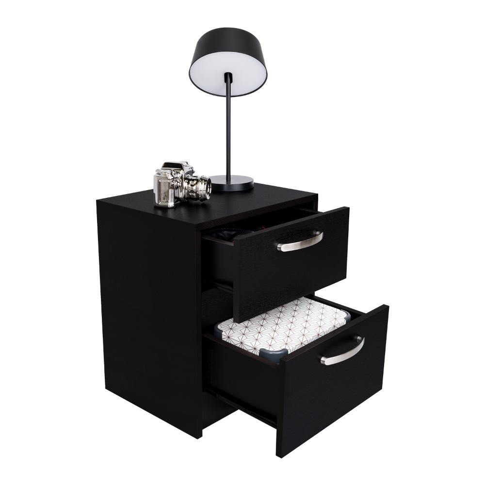 MESA DE NOCHE ELAXI, WENGUE, CON DOS CAJONES DESLIZABLES COMO CORREDERAS METÁLICAS