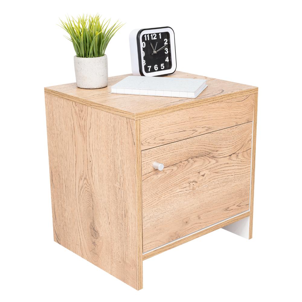 MESA DE NOCHE TUTTO, MACADAMIA Y BLANCO, CON CAJÓN PARA GUARDAR OBJETOS IDEAL PARA ESPACIOS REDUCIDOS