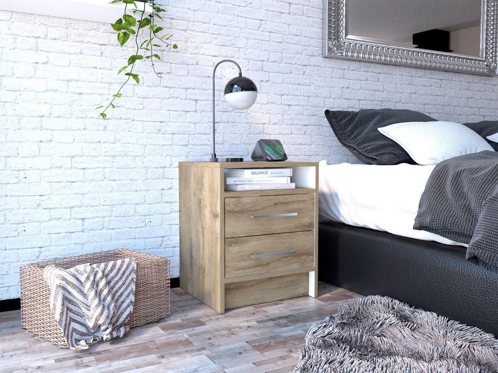 MESA DE NOCHE DOUGLAS, MACADAMIA Y BLANCO, CON UN ENTREPAÑO SUPERIOR Y DOS CAJONES ORGANIZADORES