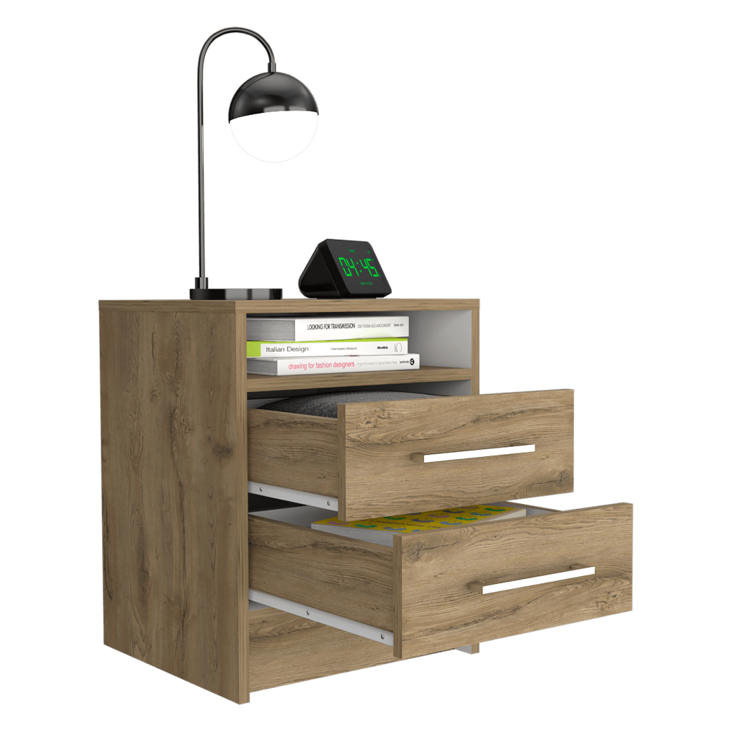 MESA DE NOCHE DOUGLAS, MACADAMIA Y BLANCO, CON UN ENTREPAÑO SUPERIOR Y DOS CAJONES ORGANIZADORES