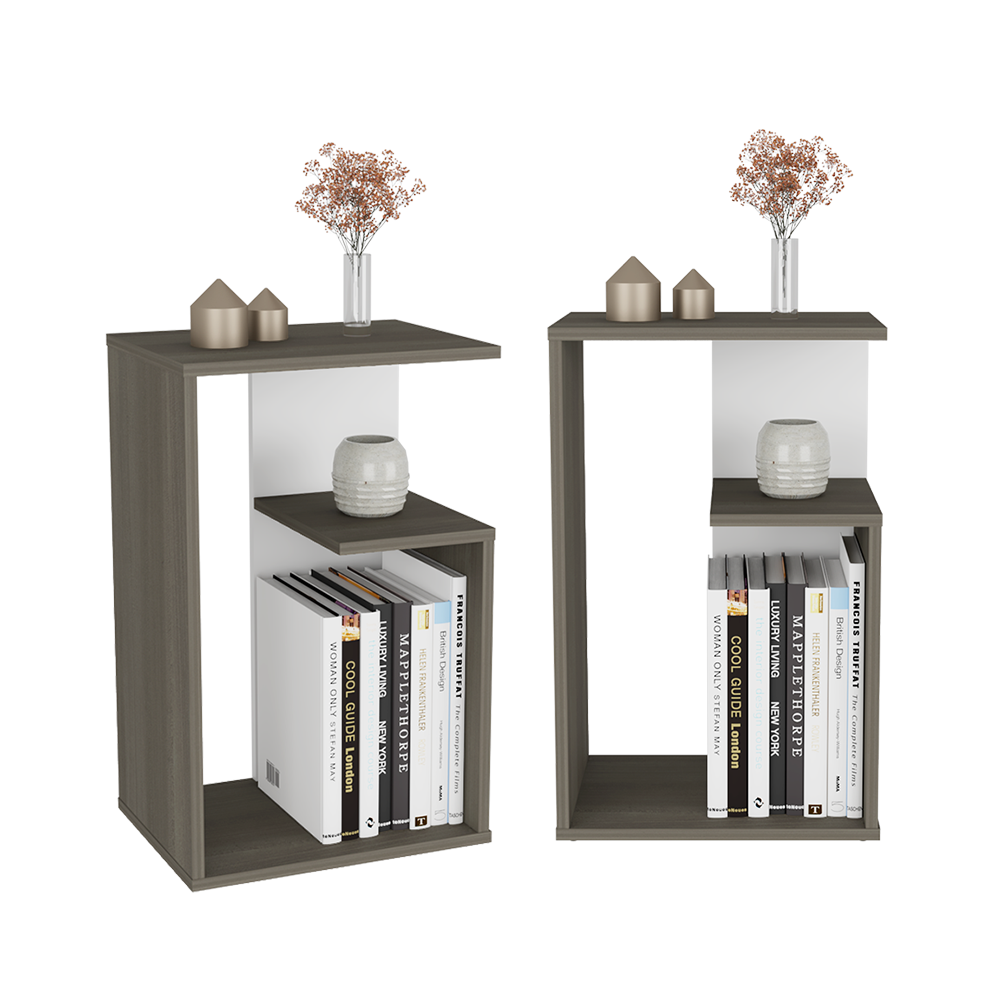 MESA DE NOCHE EVERT, CANELA Y BLANCO, CON DISEÑO MODERNO Y ESPACIO PARA UBICAR OBJETOS X2