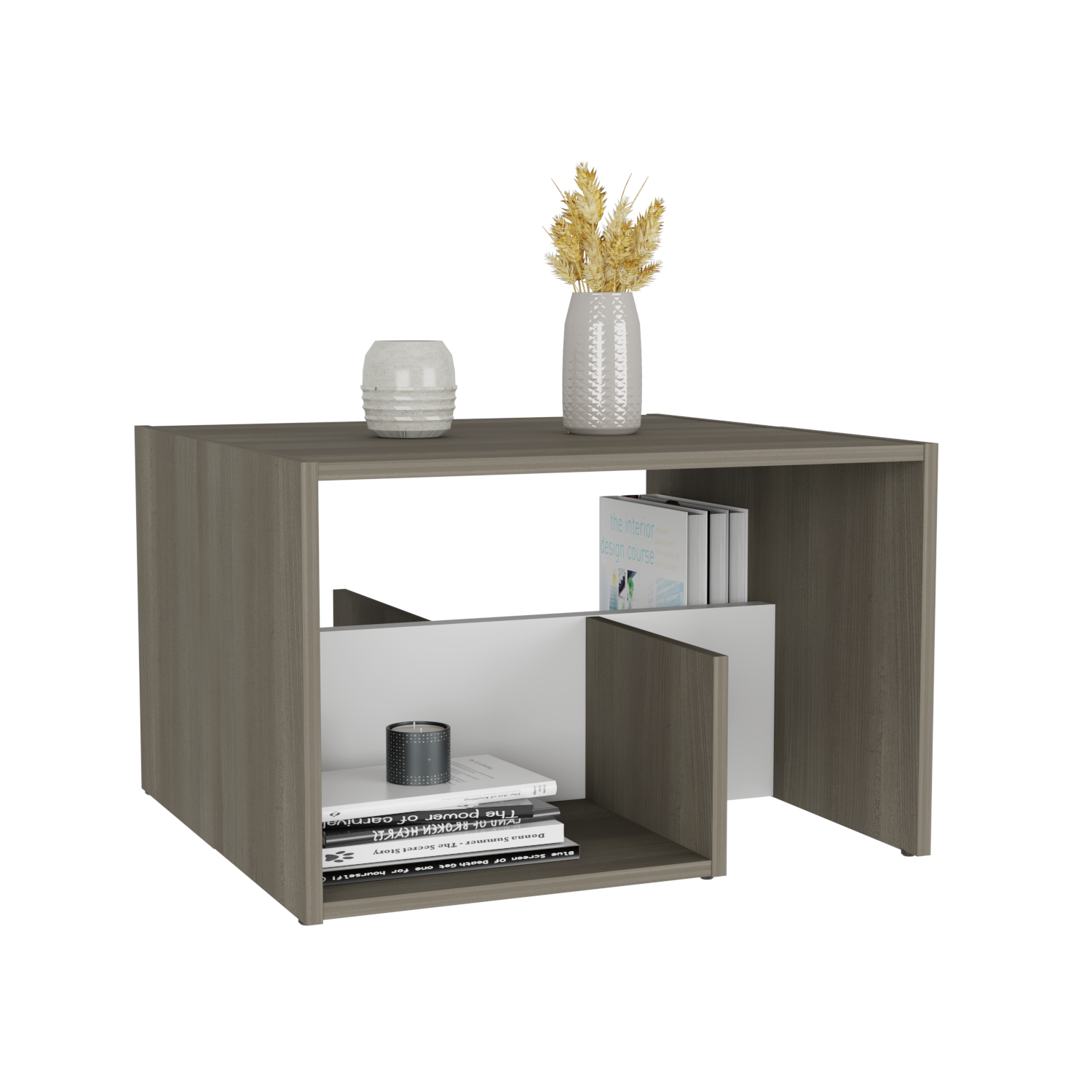 MESA DE CENTRO EVERT, CANELA Y BLANCO, CON DISEÑO MODERNO Y ESPACIO PARA UBICAR OBJETOS X2