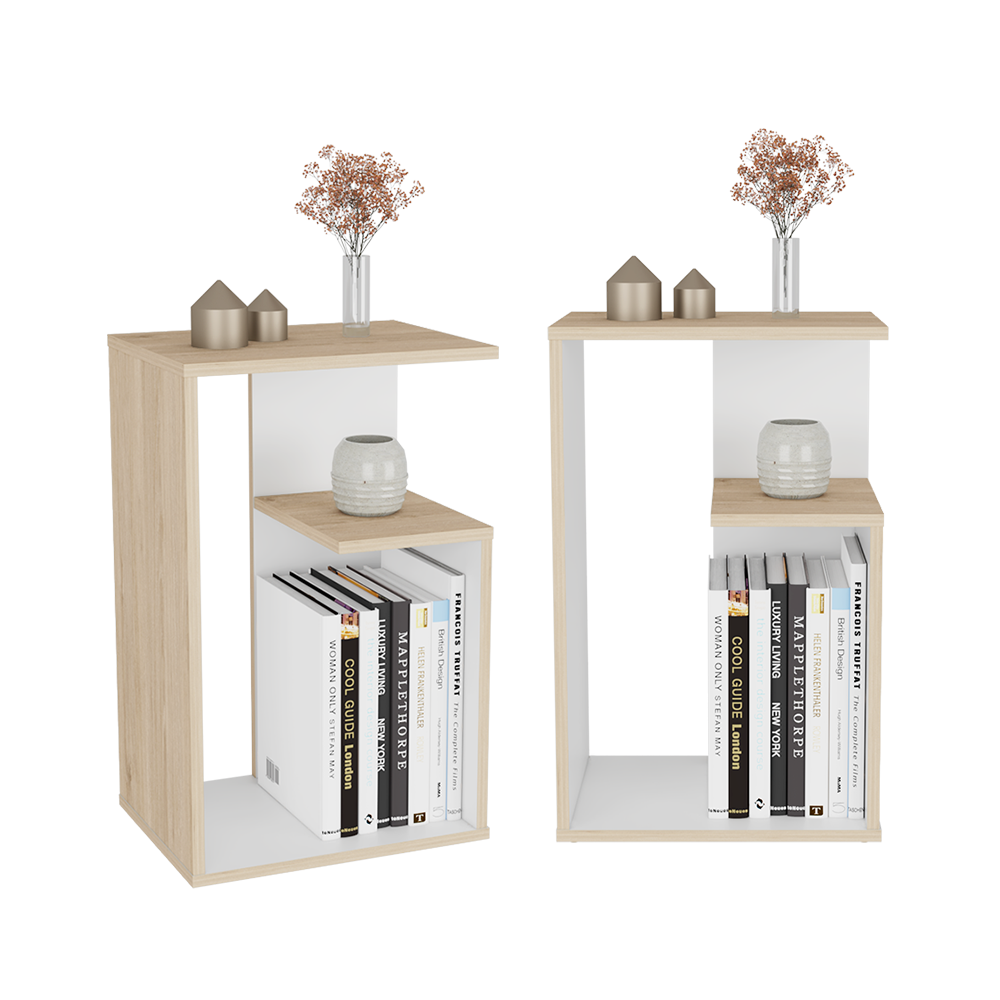 MESA DE NOCHE EVERT, BEIGE Y BLANCO, CON DISEÑO MODERNO Y ESPACIO PARA UBICAR OBJETOS X2