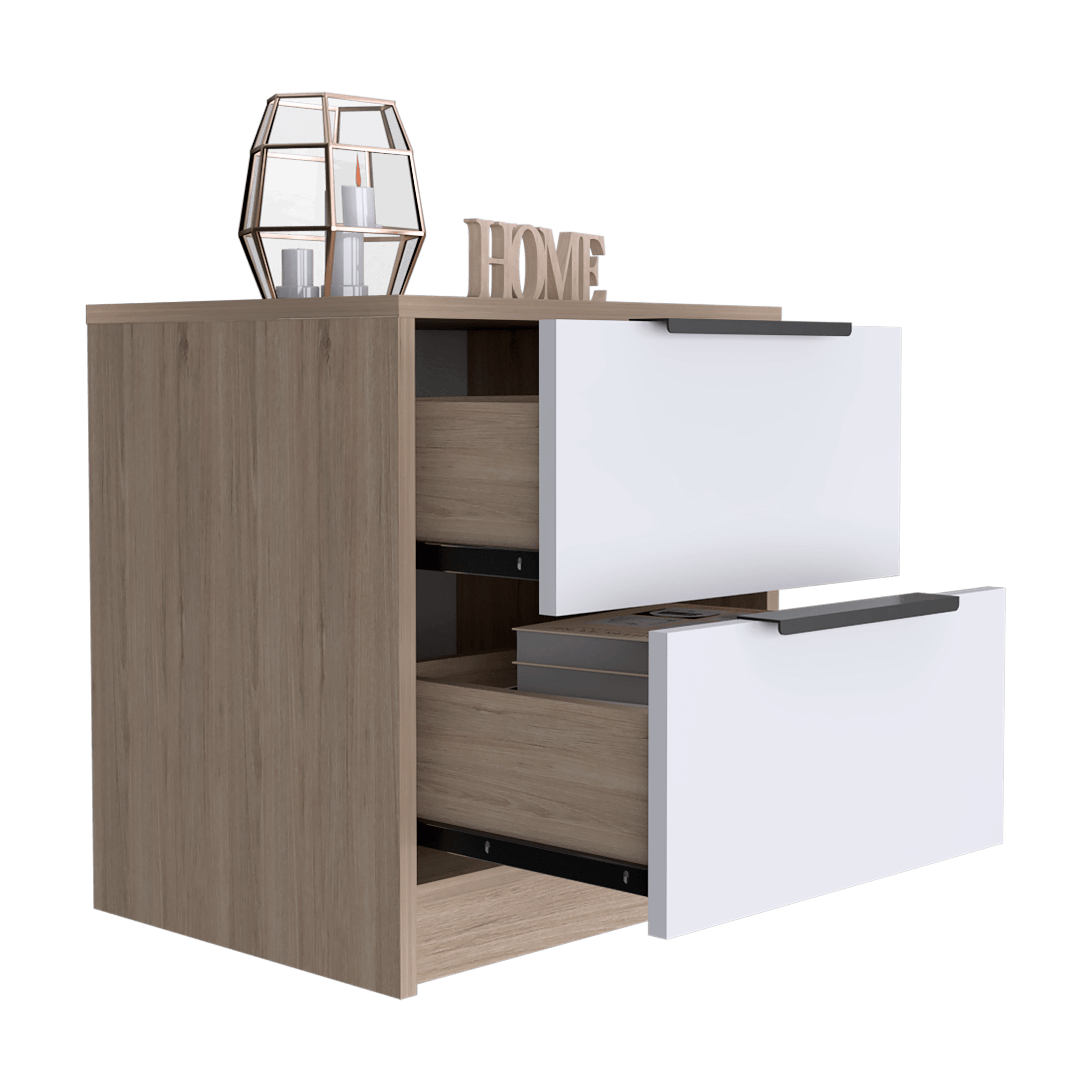 MESA DE NOCHE WESLEY, BEIGE Y BLANCO, CON DOS CAJONES ORGANIZADORES X2