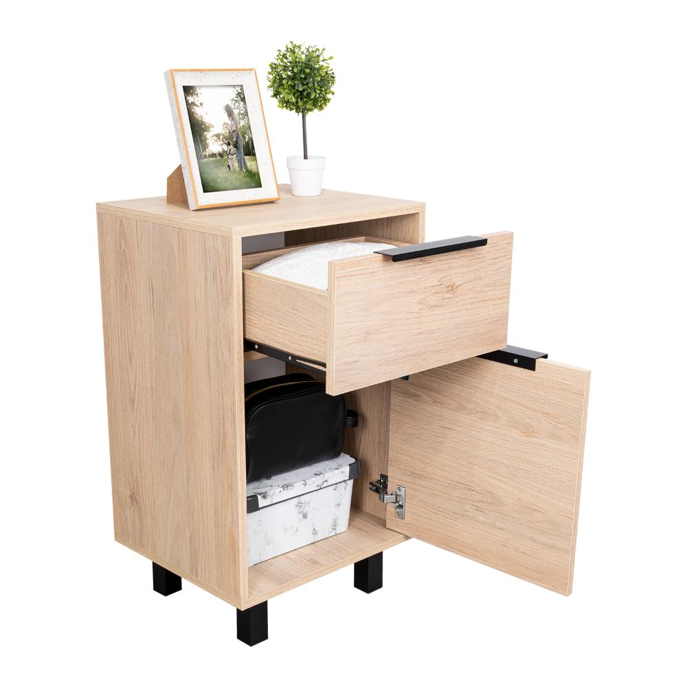 MESA DE NOCHE WESLEY, BEIGE Y BLANCO, CON UNA PUERTA Y UN CAJÓN ORGANIZADOR