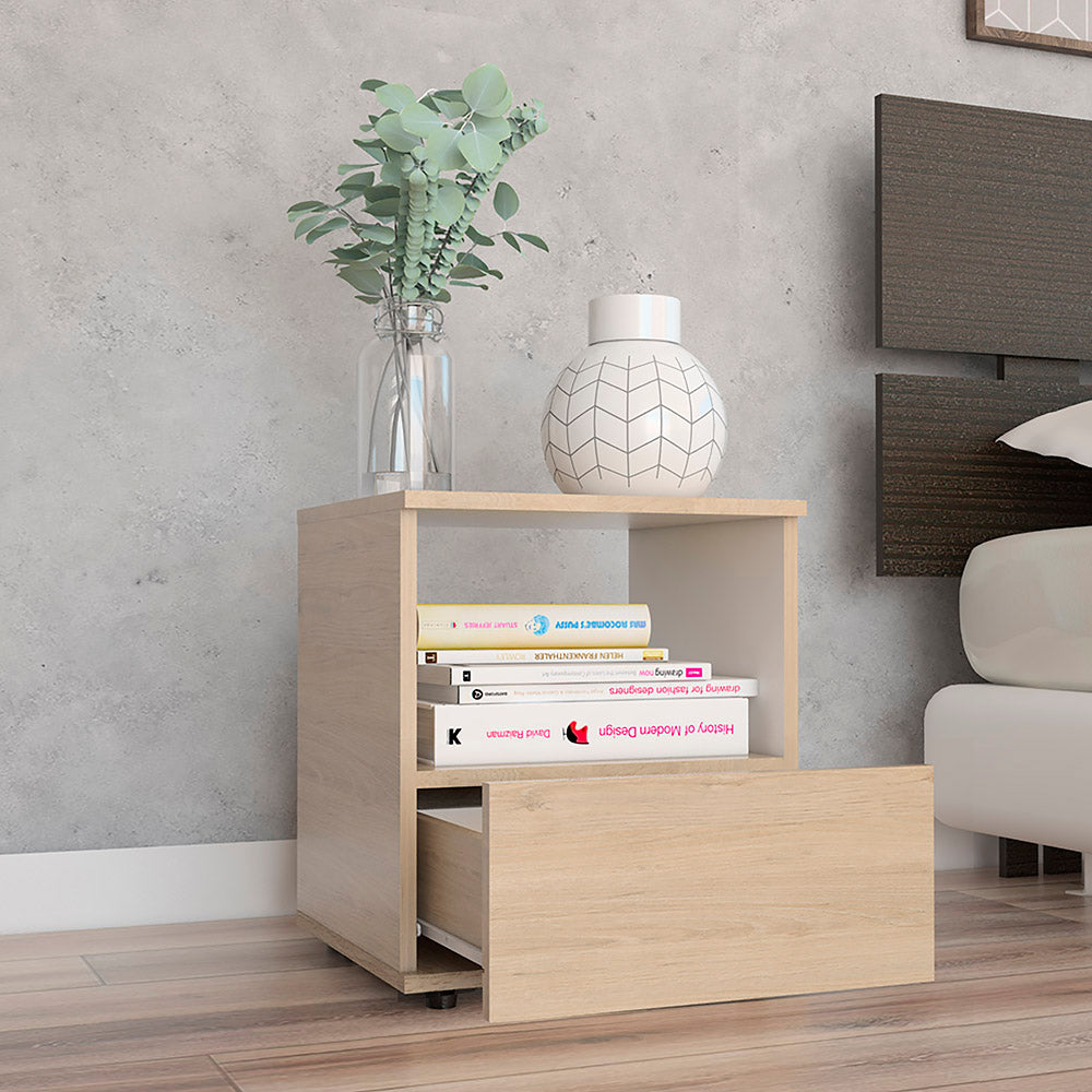 MESA DE NOCHE CAMEL, ROVERE Y BLANCO