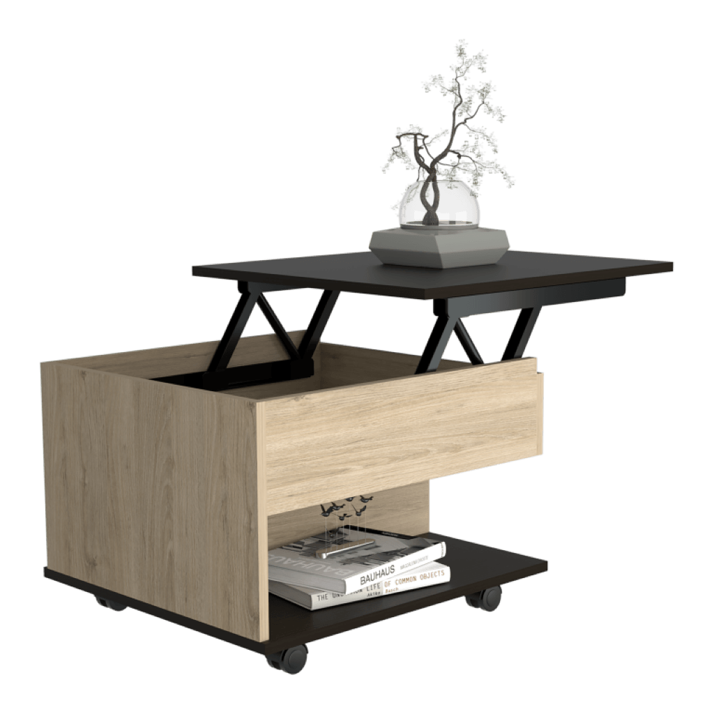 MESA DE CENTRO SALENTO, BEIGE Y WENGUE, CON UN CAJÓN INTERNO MULTIUSOS