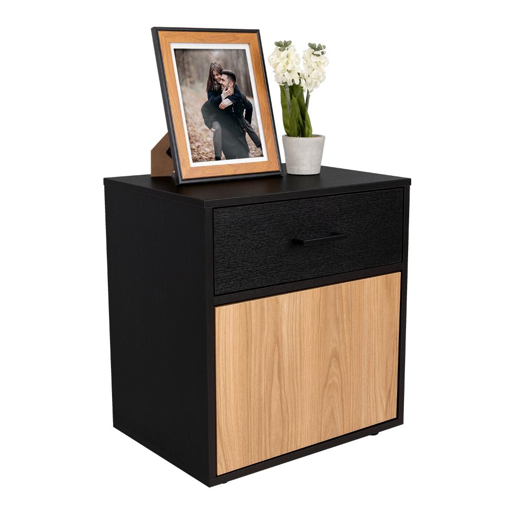 MESA DE NOCHE GRAYS, WENGUE Y FRESNO EUROPEO, CON UNA PUERTA Y CAJÓN