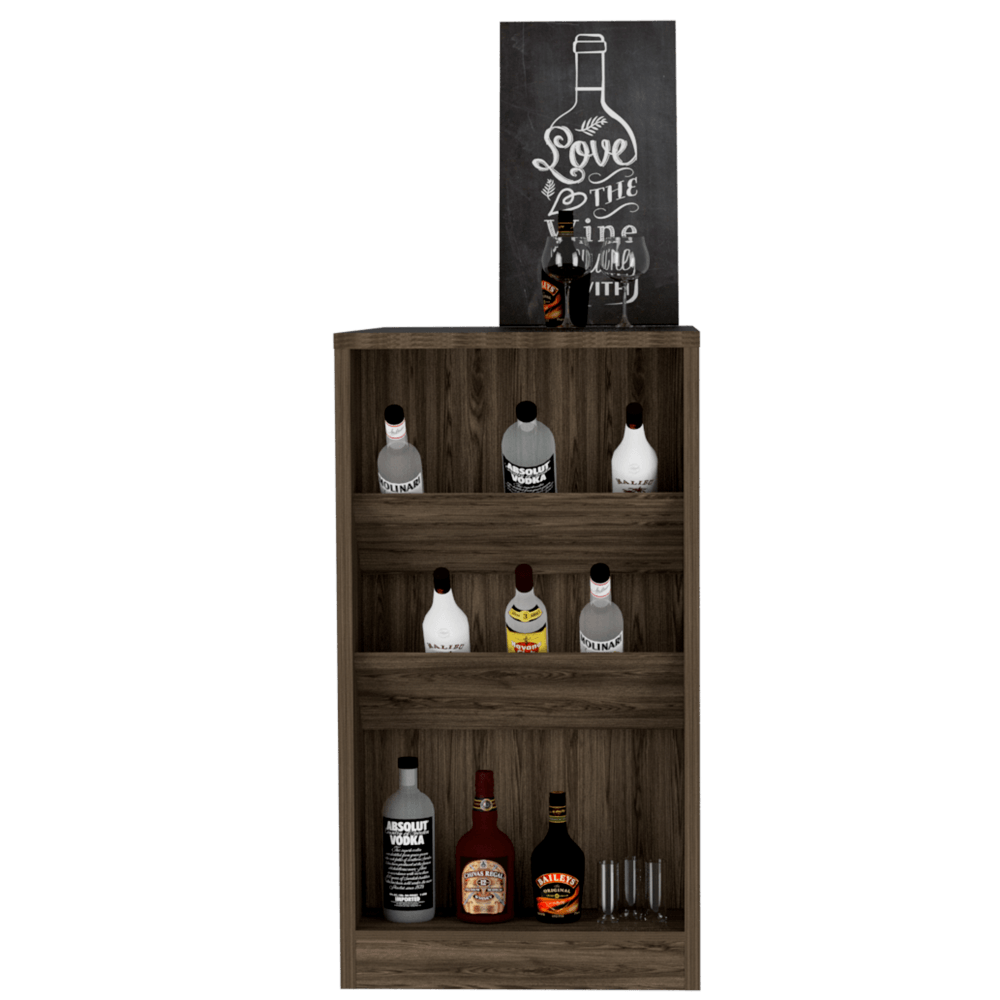 MESA DE BAR CELESTE, CHOCOLATE, CON TRES ESTANTES PARA BOTELLAS